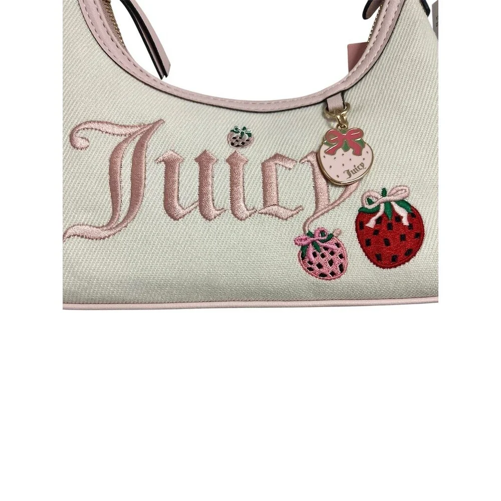 Juicy Couture Hobo Bag Womens Small Cream Pink Strawberry Charm Y2K